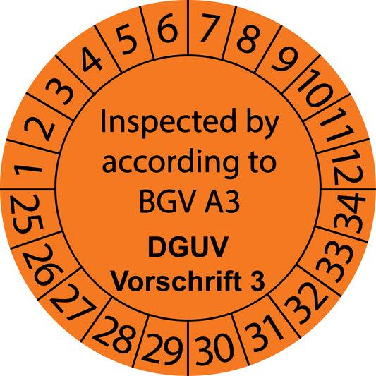Mehrjahresprüfetiketten, Inspected by according to BGV A3, DGUV Vorschrift 3, Startjahr: 2025 aus Papier oder Plastik