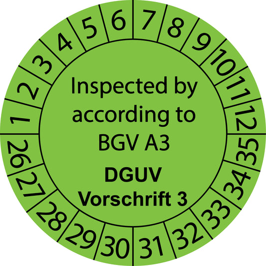 Mehrjahresprüfetiketten, Inspected by according to BGV A3, DGUV Vorschrift 3, Startjahr: 2026 aus Papier oder Plastik