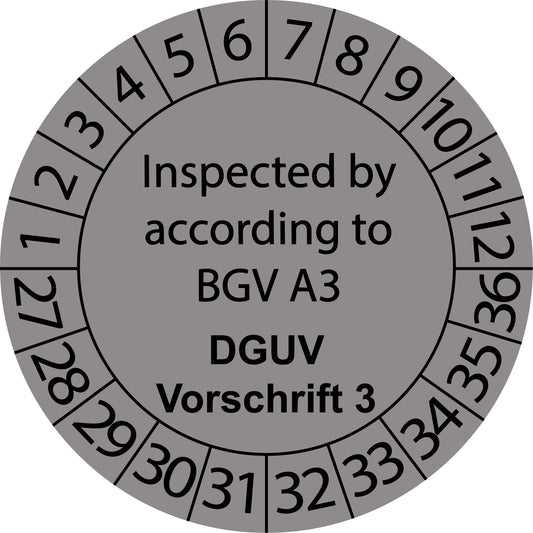 Mehrjahresprüfetiketten, Inspected by according to BGV A3, DGUV Vorschrift 3, Startjahr: 2027 aus Papier oder Plastik