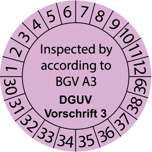 Mehrjahresprüfetiketten, Inspected by according to BGV A3, DGUV Vorschrift 3, Startjahr: 2030 aus Papier oder Plastik