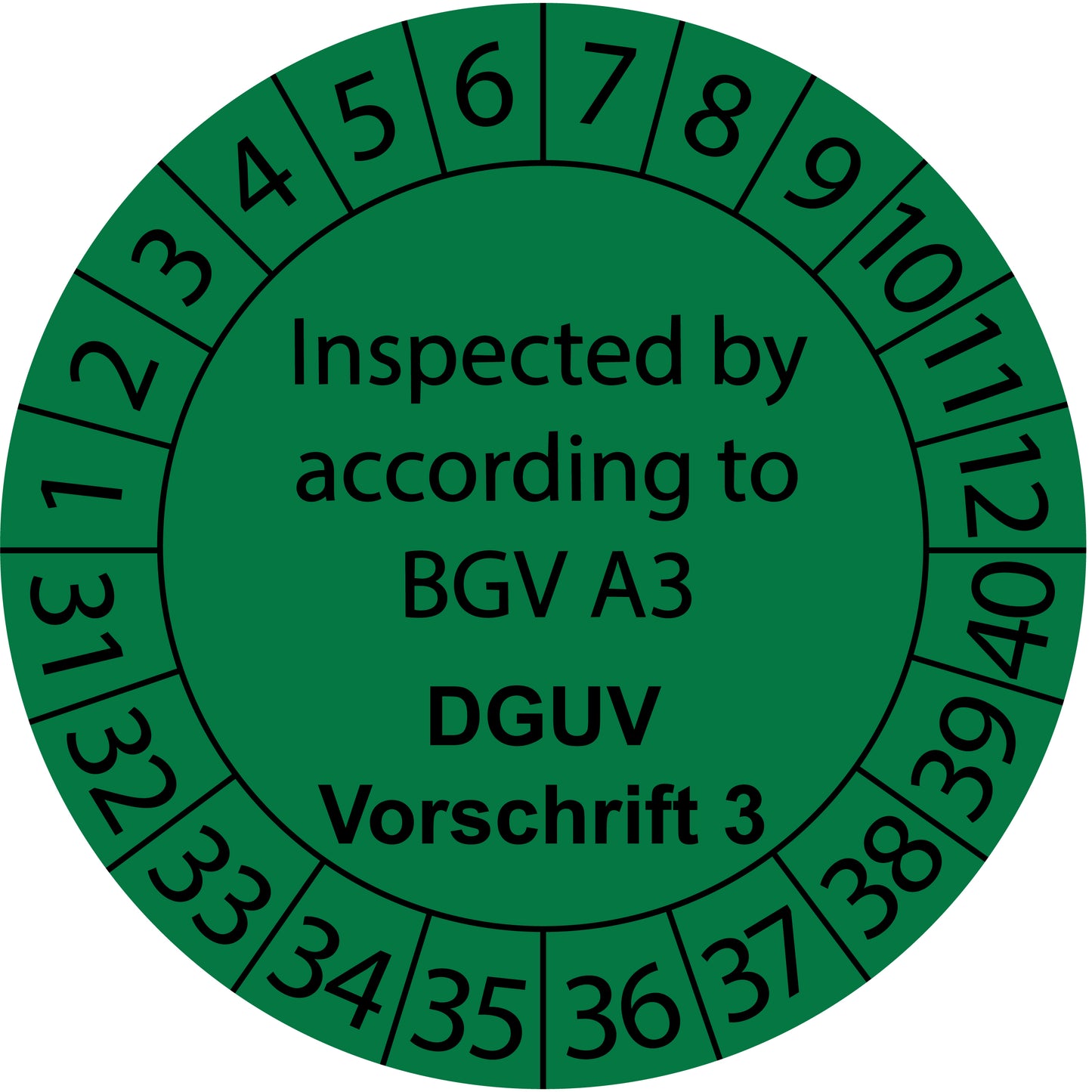 Mehrjahresprüfetiketten, Inspected by according to BGV A3, DGUV Vorschrift 3, Startjahr: 2031 aus Papier oder Plastik