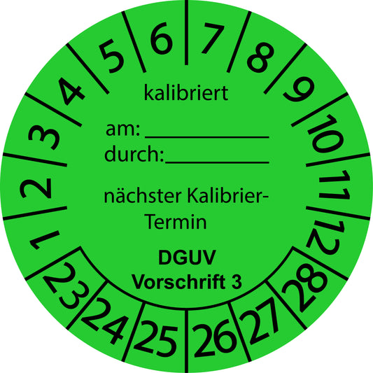 Mehrjahresprüfetiketten, kalibriert, am ..., durch ..., nächster Kalibriertermin, DGUV Vorschrift 3, Startjahr: 2023 aus Papier oder Plastik