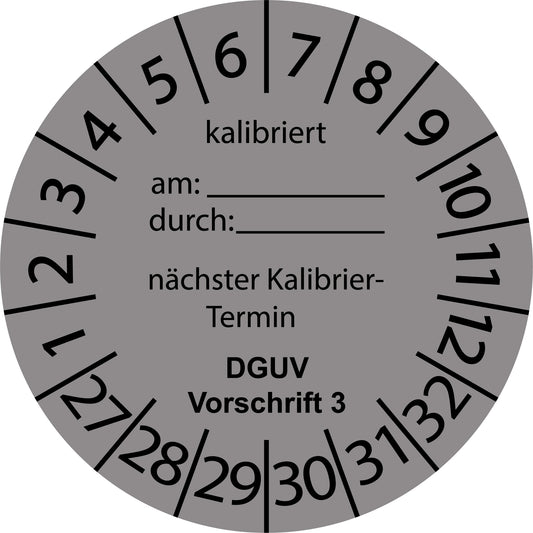 Mehrjahresprüfetiketten, Kalibriert am..., durch..., nächster Termin, DGUV Vorschrift 3, Startjahr: 2027 aus Papier oder Plastik