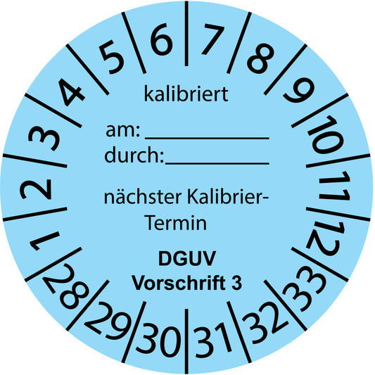 Mehrjahresprüfetiketten, Kalibriert am..., durch..., nächster Termin, DGUV Vorschrift 3, Startjahr: 2028 aus Papier oder Plastik