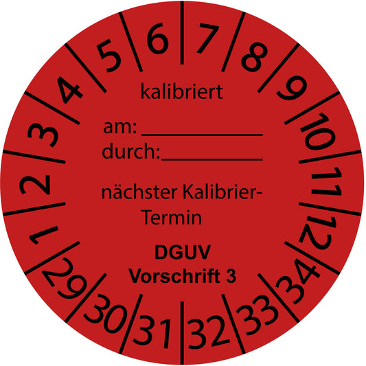 Mehrjahresprüfetiketten, Kalibriert am..., durch..., nächster Termin, DGUV Vorschrift 3, Startjahr: 2029 aus Papier oder Plastik