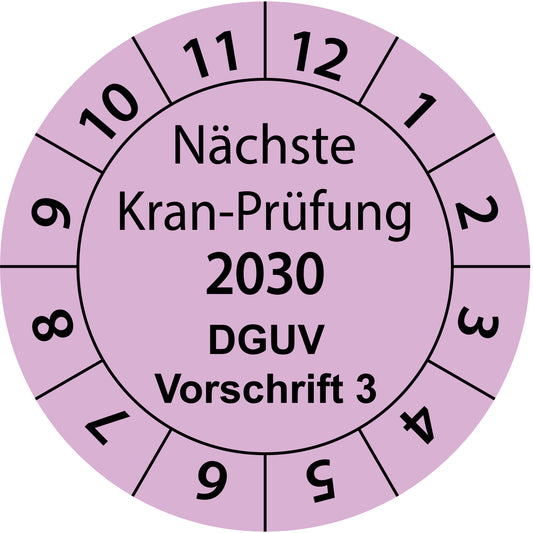 Einjahresprüfetiketten, Nächste Kran-Prüfung, DGUV Vorschrift 3, Startjahr: 2030 aus Papier oder Plastik