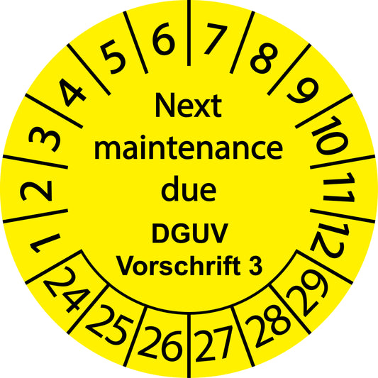 Mehrjahresprüfetiketten, Next maintenance due, DGUV Vorschrift 3, Startjahr: 2024 aus Papier oder Plastik