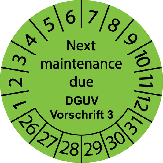 Mehrjahresprüfetiketten, Next maintenance due, DGUV Vorschrift 3, Startjahr: 2026 aus Papier oder Plastik