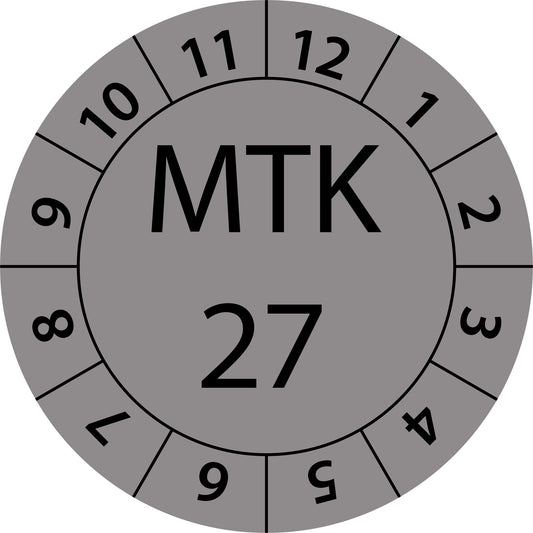 Einjahresprüfetiketten, Messtechnische Kontrolle 27, Startjahr: 2027 aus Papier oder Plastik