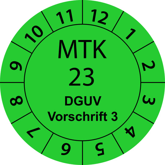 Einjahresprüfetiketten, Messtechnische Kontrolle 23, DGUV Vorschrift 3, Startjahr: 2023 aus Papier oder Plastik