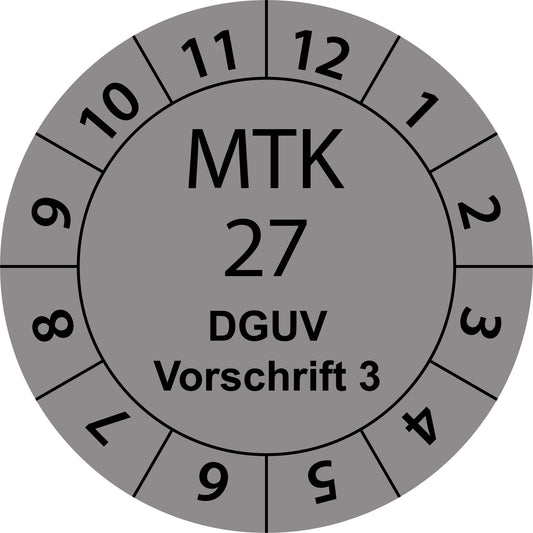 Einjahresprüfetiketten, Messtechnische Kontrolle 27, DGUV Vorschrift 3, Startjahr: 2027 aus Papier oder Plastik