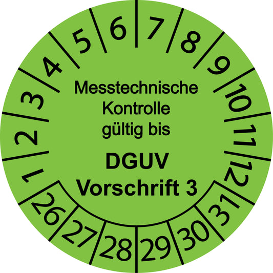 Mehrjahresprüfetiketten, Messtechnische Kontrolle gültig bis, DGUV Vorschrift 3, Startjahr: 2026 aus Papier oder Plastik