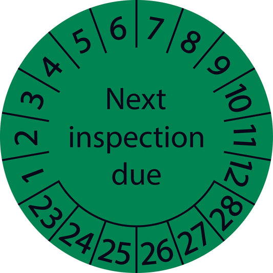 Mehrjahresprüfetiketten, Next inspection due, Startjahr: 2023 aus Papier oder Plastik