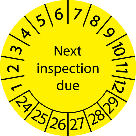 Mehrjahresprüfetiketten, Next inspection due, Startjahr: 2024 aus Papier oder Plastik