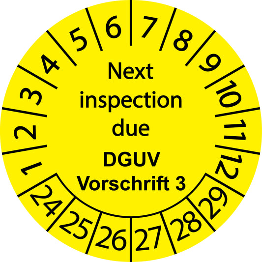 Mehrjahresprüfetiketten, Next inspection due, DGUV Vorschrift 3, Startjahr: 2024 aus Papier oder Plastik