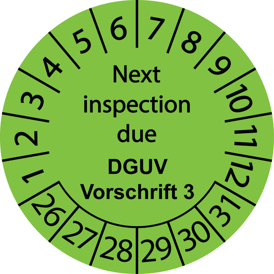 Mehrjahresprüfetiketten, Next inspection due, DGUV Vorschrift 3, Startjahr: 2026 aus Papier oder Plastik