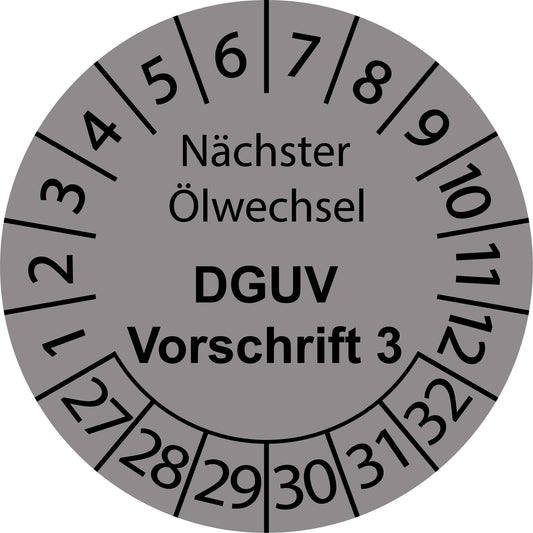 Mehrjahresprüfetiketten, Nächster Ölwechsel, DGUV Vorschrift 3, Startjahr: 2027 aus Papier oder Plastik