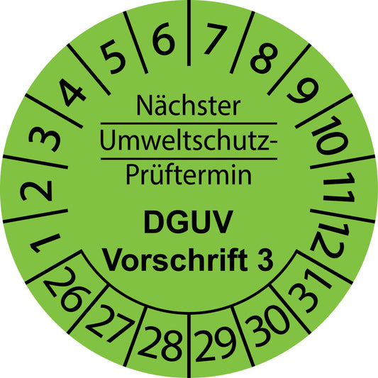Mehrjahresprüfetiketten, Nächster Umweltschutz-Prüftermin, DGUV Vorschrift 3, Startjahr: 2026 aus Papier oder Plastik