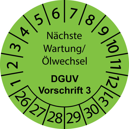 Mehrjahresprüfetiketten, Nächste Wartung/ Ölwechsel, DGUV Vorschrift 3, Startjahr: 2026 aus Papier oder Plastik