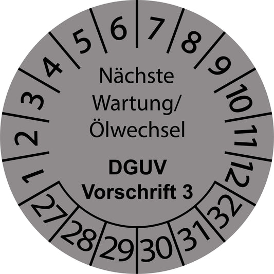 Mehrjahresprüfetiketten, Nächste Wartung/ Ölwechsel, DGUV Vorschrift 3, Startjahr: 2027 aus Papier oder Plastik