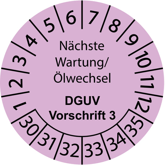 Mehrjahresprüfetiketten, Nächste Wartung/ Ölwechsel, DGUV Vorschrift 3, Startjahr: 2030 aus Papier oder Plastik