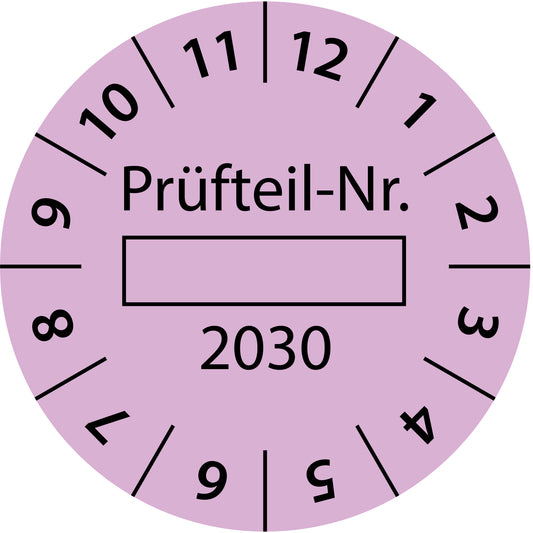 Einjahresprüfetiketten, Prüfteil-Nr. ..., Startjahr: 2030 aus Papier oder Plastik