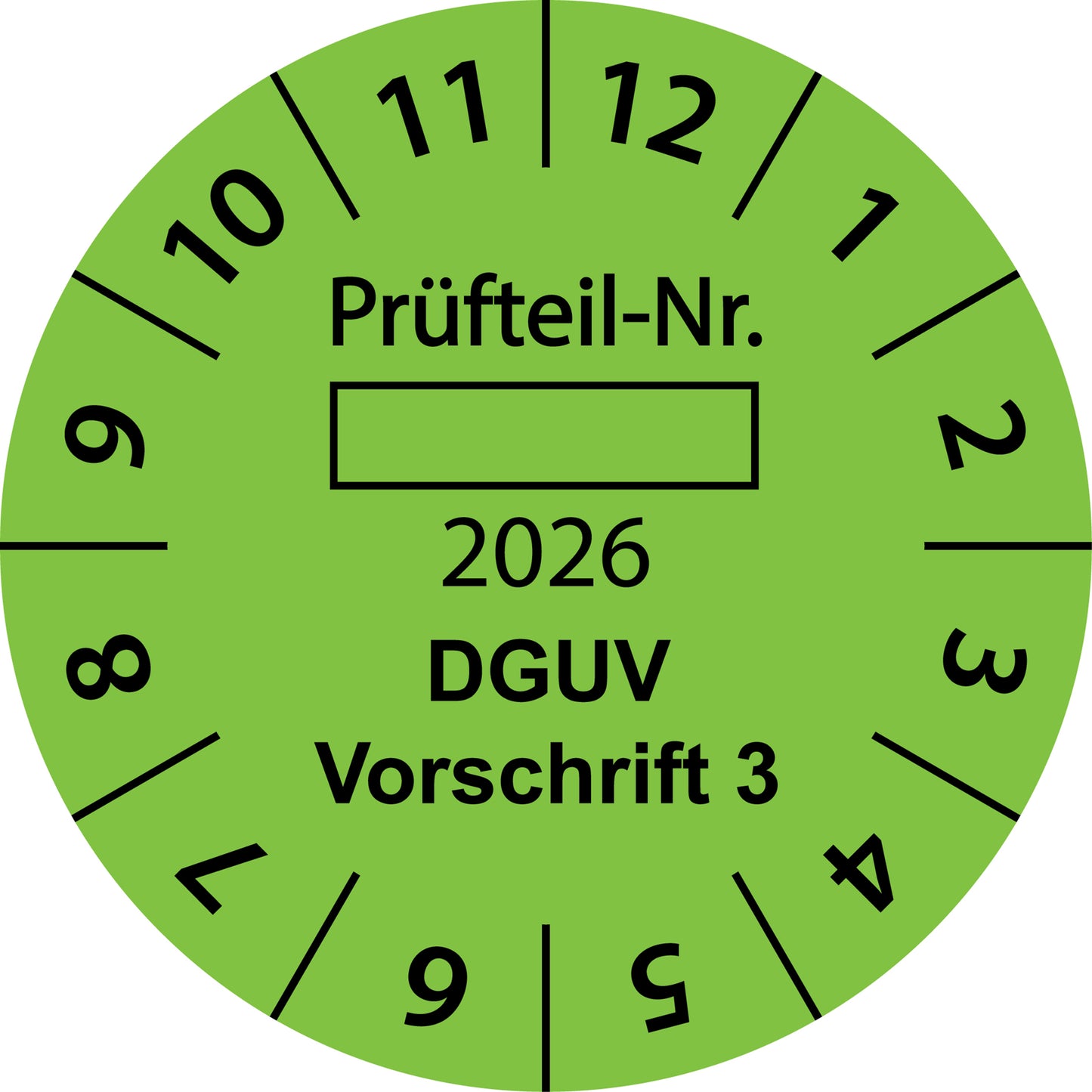 Einjahresprüfetiketten, Prüfteil-Nr. ..., DGUV Vorschrift 3, Startjahr: 2026 aus Papier oder Plastik