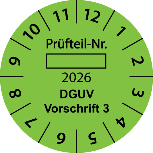 Einjahresprüfetiketten, Prüfteil-Nr. ..., DGUV Vorschrift 3, Startjahr: 2026 aus Papier oder Plastik