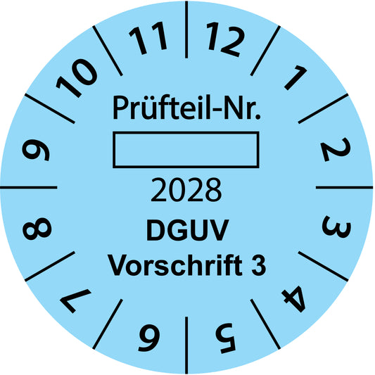 Einjahresprüfetiketten, Prüfteil-Nr. ..., DGUV Vorschrift 3, Startjahr: 2028 aus Papier oder Plastik