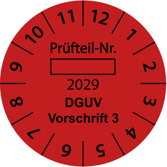 Einjahresprüfetiketten, Prüfteil-Nr. ..., DGUV Vorschrift 3, Startjahr: 2029 aus Papier oder Plastik