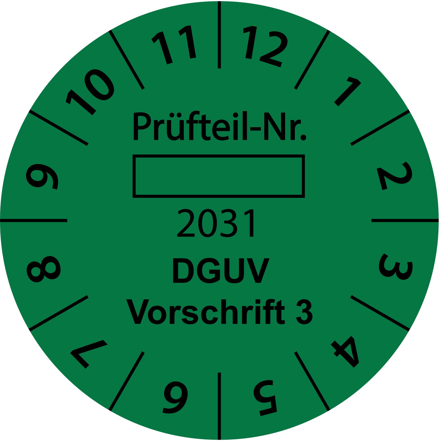 Einjahresprüfetiketten, Prüfteil-Nr. ..., DGUV Vorschrift 3, Startjahr: 2031 aus Papier oder Plastik
