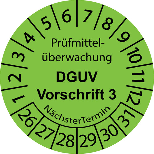 Mehrjahresprüfetiketten, Prüfmittelüberwachung, DGUV Vorschrift 3, Startjahr: 2026 aus Papier oder Plastik