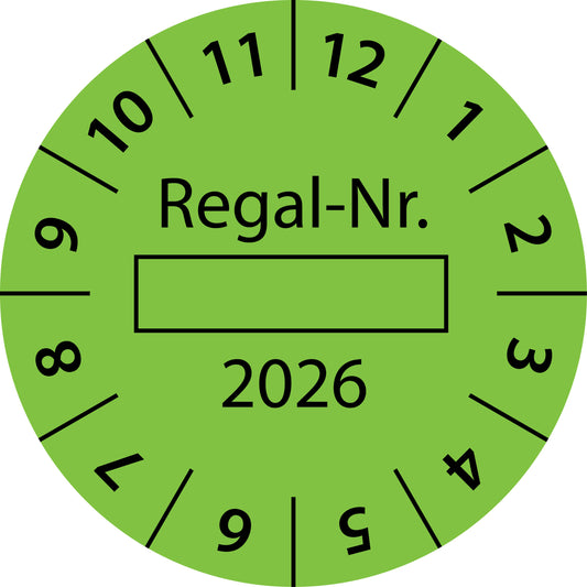 Einjahresprüfetiketten, Regal-Nr. ..., Startjahr: 2026 aus Papier oder Plastik