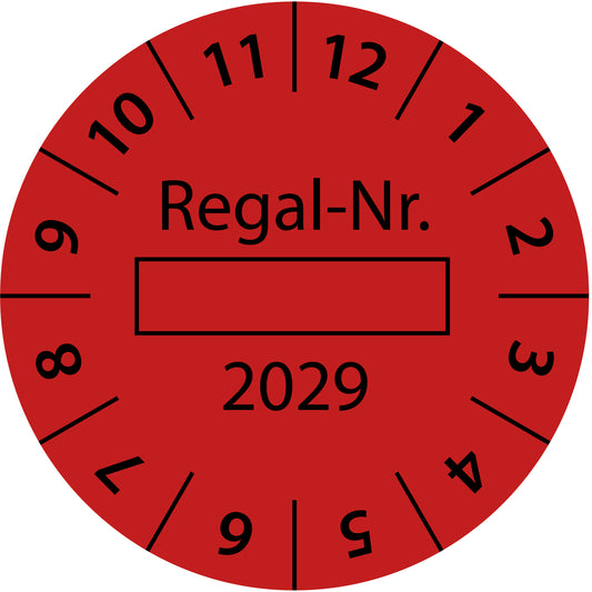 Einjahresprüfetiketten, Regal-Nr. ..., DGUV Vorschrift 3, Startjahr: 2029 aus Papier oder Plastik