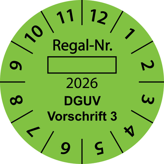 Einjahresprüfetiketten, Regal-Nr. ..., DGUV Vorschrift 3, Startjahr: 2026 aus Papier oder Plastik
