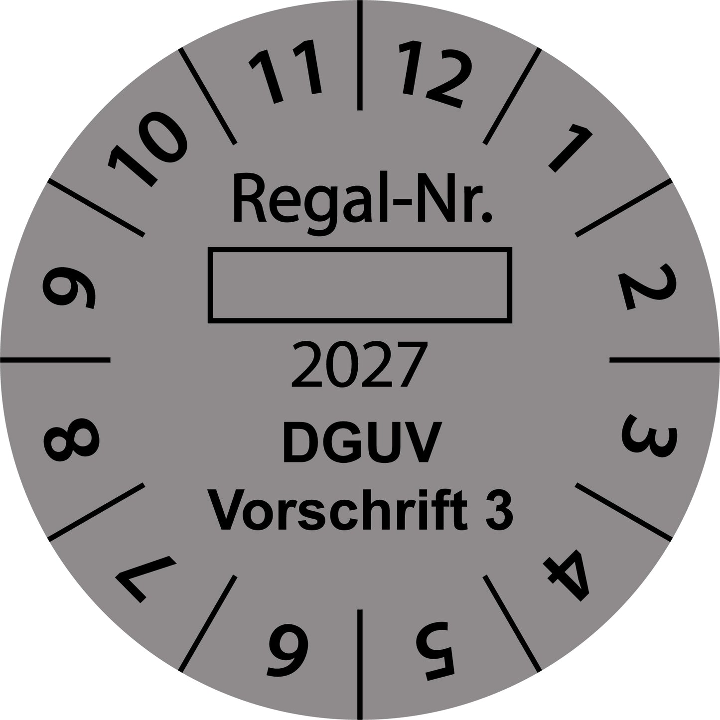 Einjahresprüfetiketten, Regal-Nr. ..., DGUV Vorschrift 3, Startjahr: 2027 aus Papier oder Plastik