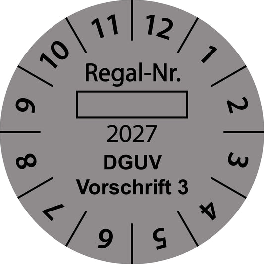 Einjahresprüfetiketten, Regal-Nr. ..., DGUV Vorschrift 3, Startjahr: 2027 aus Papier oder Plastik