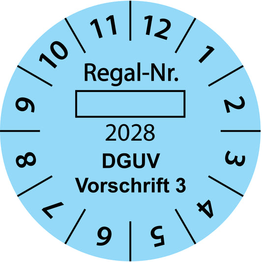 Einjahresprüfetiketten, Regal-Nr. ..., DGUV Vorschrift 3, Startjahr: 2028 aus Papier oder Plastik