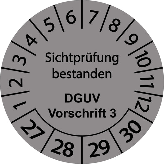 Mehrjahresprüfetiketten, Sichtprüfung bestanden, DGUV Vorschrift 3, Startjahr: 2027 aus Papier oder Plastik