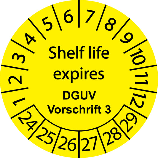 Mehrjahresprüfetiketten, Shelf life expires, DGUV Vorschrift 3, Startjahr: 2024 aus Papier oder Plastik