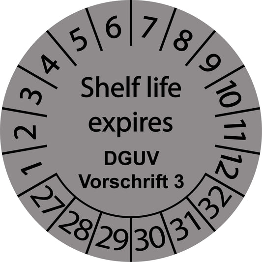 Mehrjahresprüfetiketten, Shelf life expires, DGUV Vorschrift 3, Startjahr: 2027 aus Papier oder Plastik