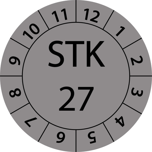 Einjahresprüfetiketten, Sicherheitstechnische Kontrolle 25, Startjahr: 2027 aus Papier oder Plastik