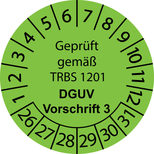 Mehrjahresprüfetiketten, Geprüft gemäß TRBS 1201, DGUV Vorschrift 3, Startjahr: 2026 aus Papier oder Plastik