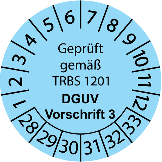 Mehrjahresprüfetiketten, Geprüft gemäß TRBS 1201, DGUV Vorschrift 3, Startjahr: 2028 aus Papier oder Plastik