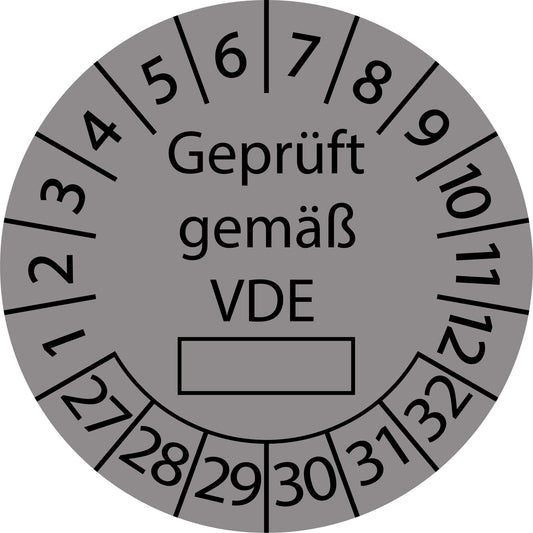 Mehrjahresprüfetiketten, Geprüft gemäß VDE ..., Startjahr: 2027 aus Papier oder Plastik