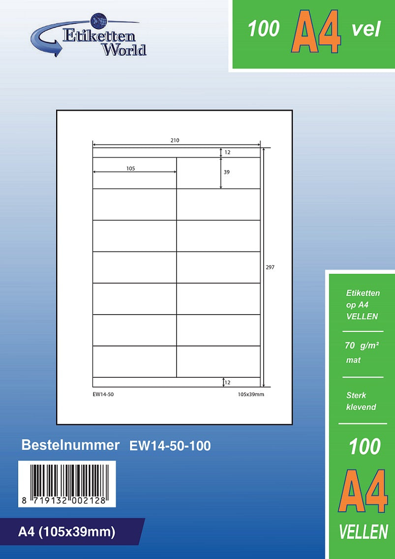 7000 Universaletiketten 105x39mm, auf 500 Din A4 Bogen, matt, selbstklebend, 70g EW14-50 von Etikettenworld