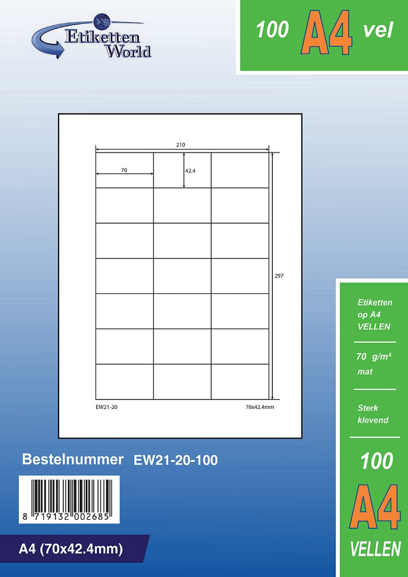 10500 Universaletiketten 70x42,4mm, auf 500 Din A4 Bogen, matt, selbstklebend, 70g EW21-20 von Etikettenworld