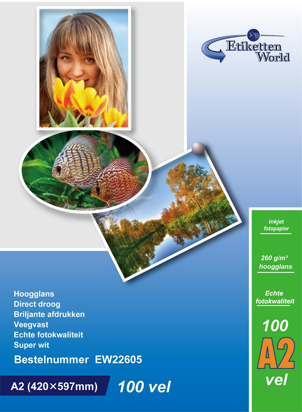 100 Blatt EtikettenWorld BV Fotopapier/ Fotokarten A2 260g/qm High Glossy und wasserfest