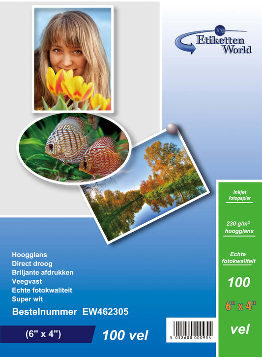 100 Blatt EtikettenWorld BV Fotopapier/ Fotokarten 6"x4" 230g/qm High Glossy und wasserfest
