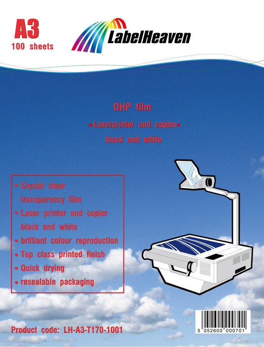 100 Blatt A3 Overheadfolien LH-A3-T170-100  (OHP) Folie transparent-glasklar für s/w Laserdrucker und s/w Kopierer